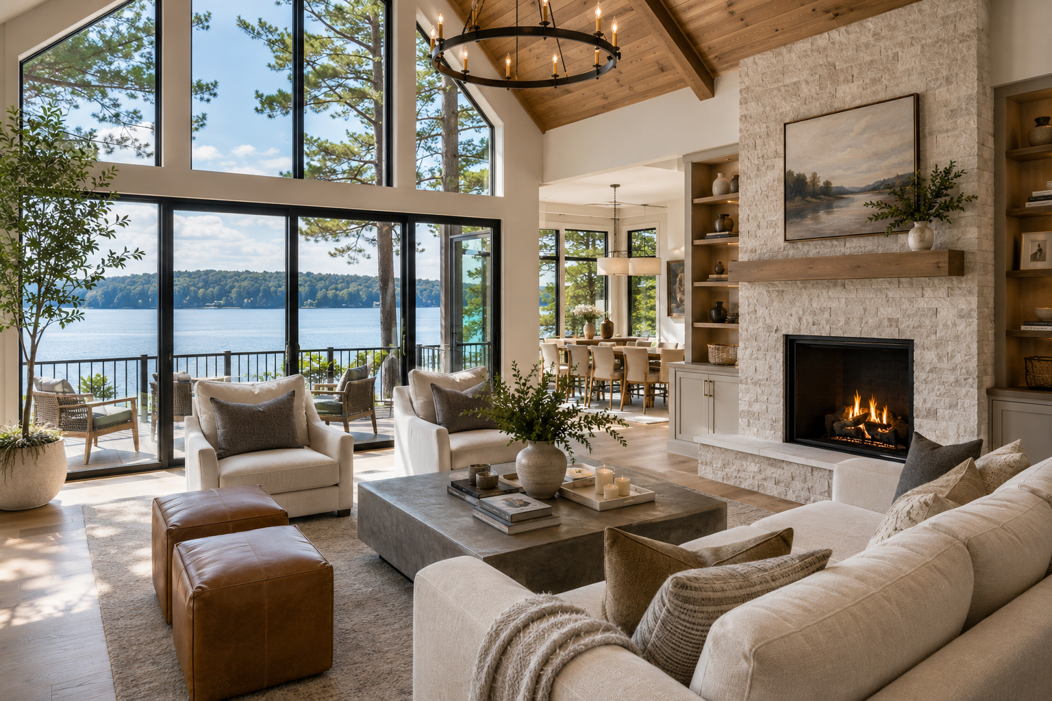 A bright lakefront living room with vaulted wood ceilings and lake views — the kind of space Cleaning By Jennie helps families enjoy.